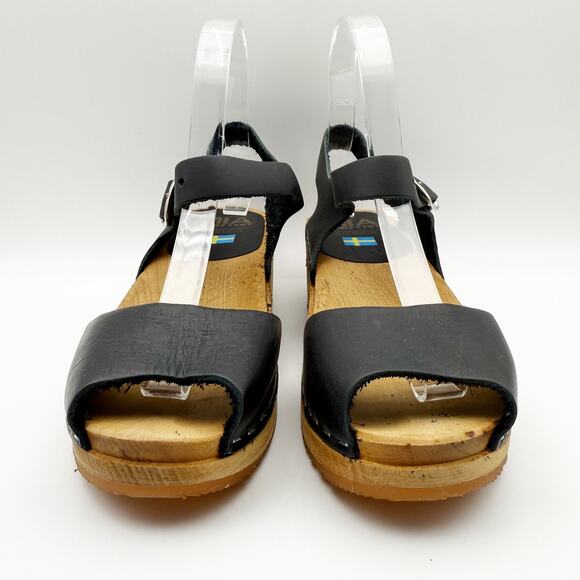 MIA Womens ANJA Clogs EU 37 US 6.5 Black Leather Wooden Heel Peep Toe NIB - Picture 9 of 11